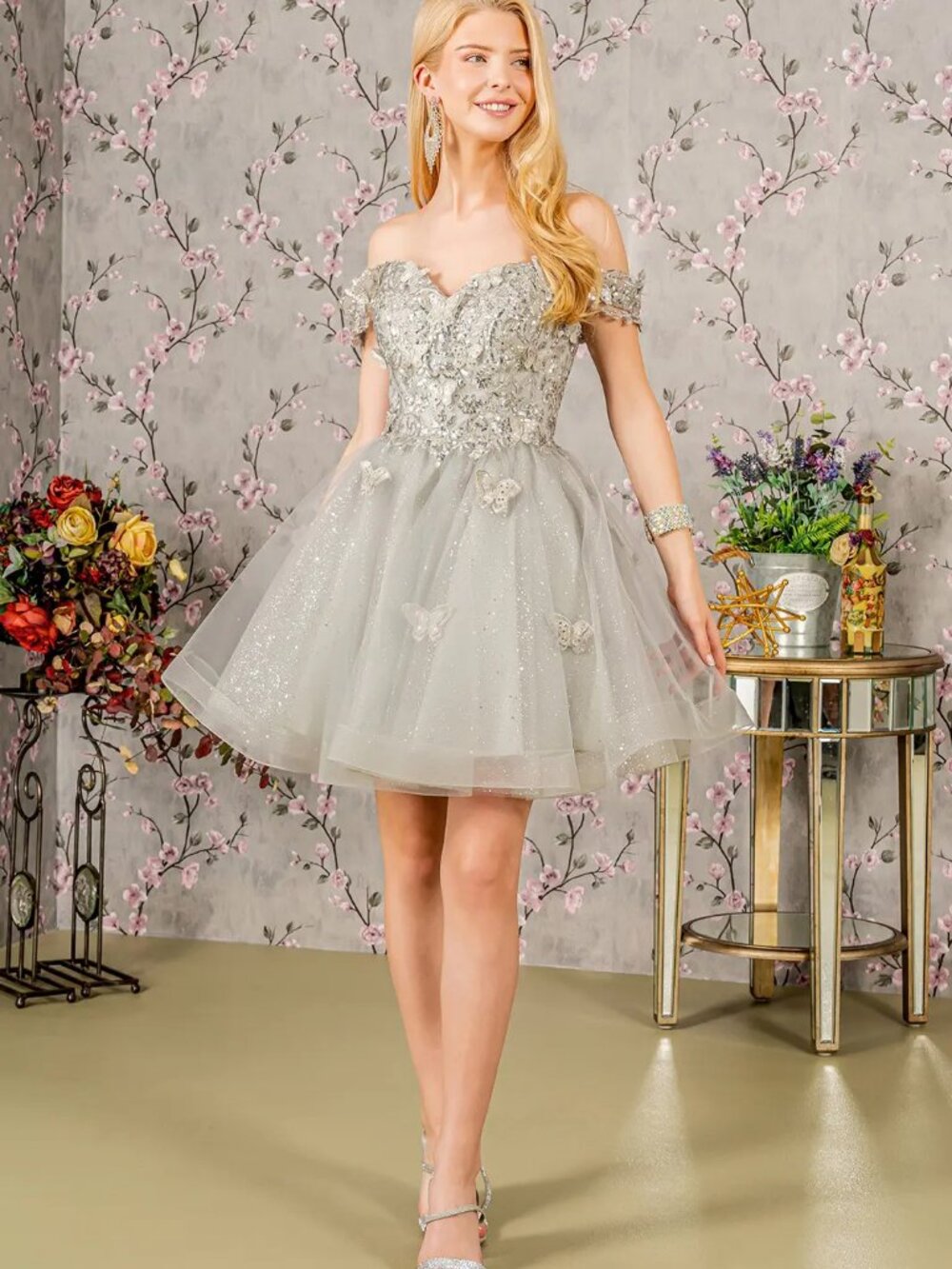 NEW SILVER Sequin & Mesh Cocktail Dress Formal Elegant Stunning GS3186